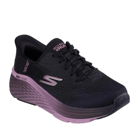 A black and purple Skechers Nax Cushioning Elite  slip-on trainer with lace-up closure and a thick sole.
