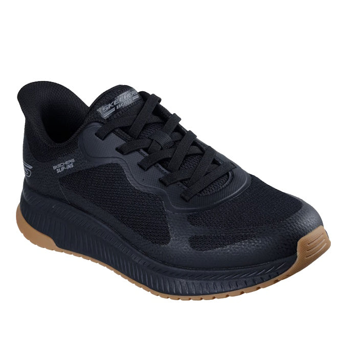 The Skechers Mens Bobs Sport Squad Chaos 4 Slip In WIDE Width Black features a textured mesh upper, black laces, a brown rubber sole, subtle side and tongue branding, and a Memory Foam insole for comfort.