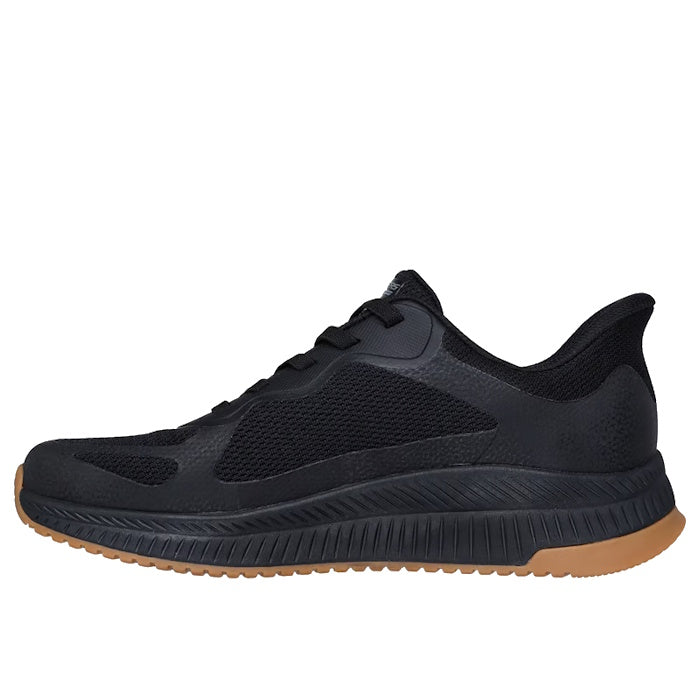The Skechers Mens Bobs Sport Squad Chaos 4 Slip In WIDE Width Black features a black mesh and synthetic upper, black laces, thick tan sole, and Memory Foam insole. The athletic sneaker is shown left-facing on a white background.