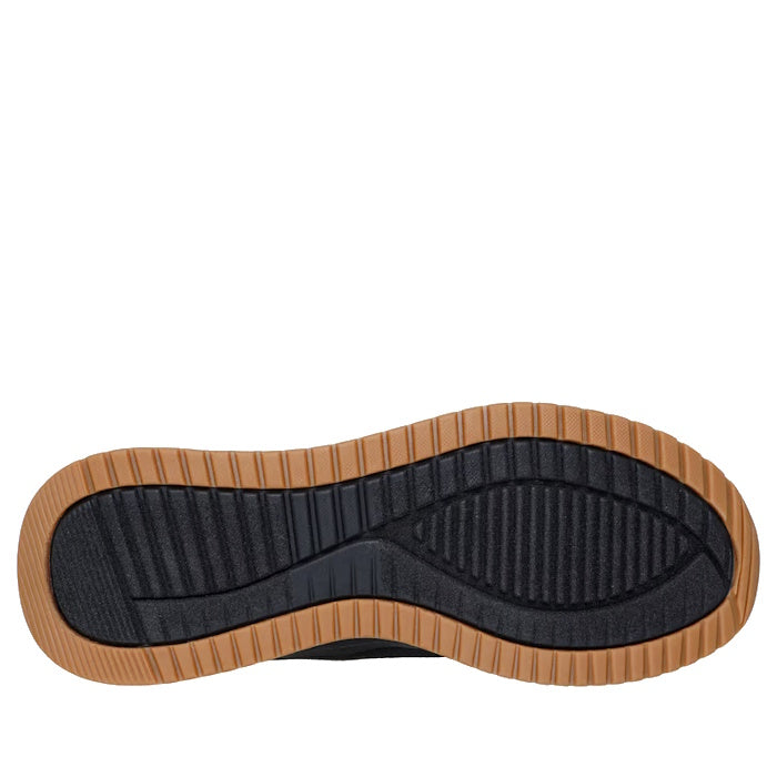 The image shows the bottom view of the Skechers Mens Bobs Sport Squad Chaos 4 Slip In WIDE Width Black sneaker sole, featuring a textured black center and brown ridged edge for enhanced grip and traction., 52370, 52371, 198376649807, 198376649821, 1983766