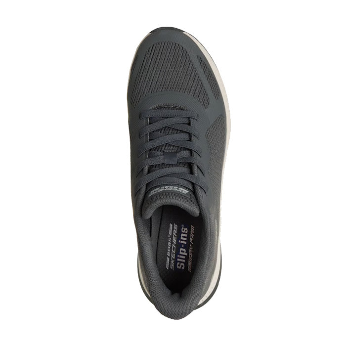 Top view of the Skechers Mens Bobs Sport Squad Chaos 4 Slip In in charcoal grey, featuring mesh fabric, lace-up closure, tongue branding, and a Memory Foam insole for comfort, shown isolated on a white background., 52366, 52367, 199252037244, 199252037268