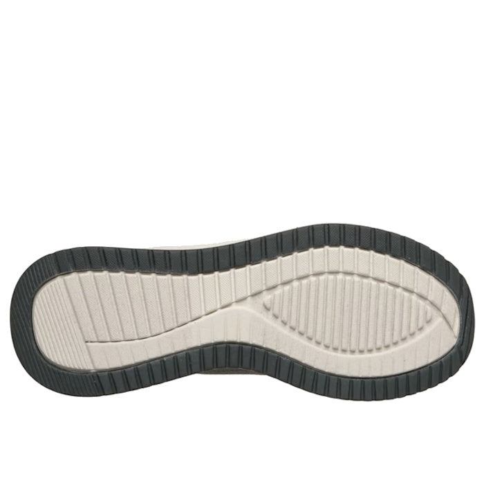 The image shows the sole of the Skechers Mens Bobs Sport Squad Chaos 4 Slip In Charcoal Grey, with a textured white center, black grooved edge, and a tread pattern of horizontal and vertical lines for grip.