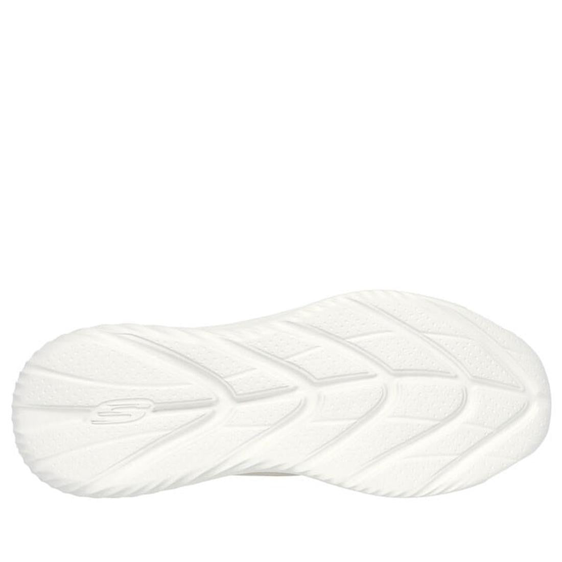 The image shows the white rubber sole of the Skechers Mens Slip Ins Bounder 2.0 Emerged Taupe sneaker, featuring a wavy tread pattern and a subtle S logo, suggesting it is from the Slip-ins collection., 42449, 42450, 196989485171, 42452, 196989485195, 424