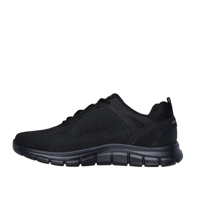 Skechers Men's Track Broader black sneaker with comfy mesh upper, lace-up front, sturdy rubber sole, and soft memory foam insole.  ksnz