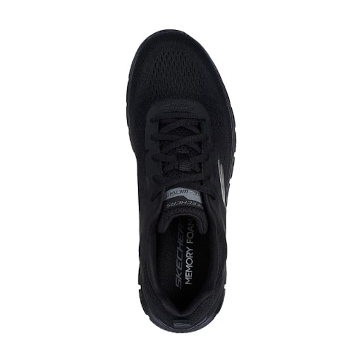 Skechers Mens Track Broader Lace Up Trainer in classic black, with comfy memory foam insole, mesh upper, sturdy sole, and secure laces.  ksnz