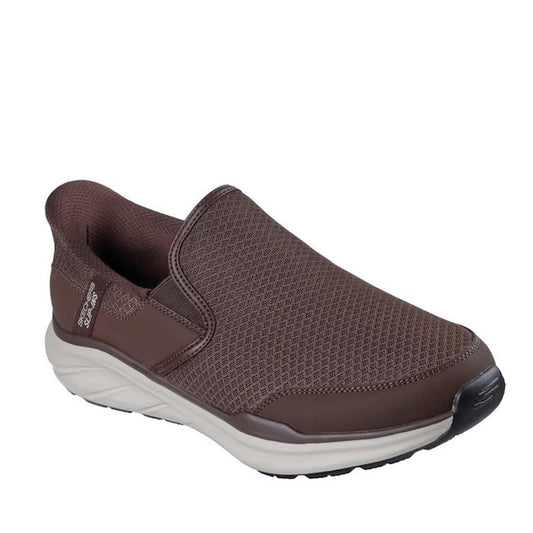 The Skechers Mens Slip Ins Relaxed Fit Equalizer 6.0 Stoaver Brown features a mesh upper, cushioned collar, Air-Cooled Memory Foam insole, and a white/black rubber sole—ideal for men wanting comfortable brown slip-on sneakers.