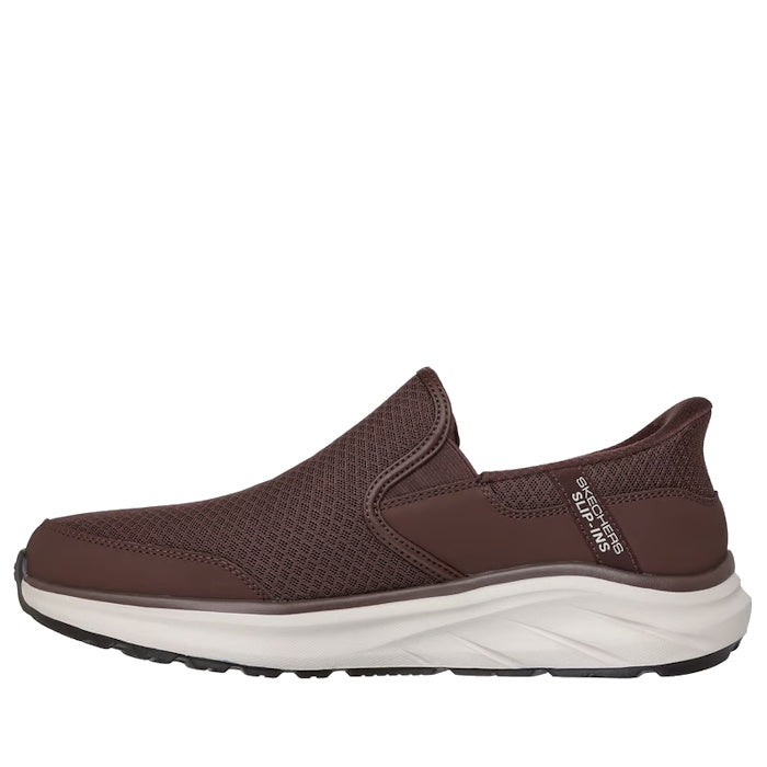 The Skechers Men’s Slip-Ins Relaxed Fit Equalizer 6.0 Stoaver Brown features a brown mesh upper, white cushioned sole, black outsole, a Hands Free Slip-ins tag, sporty look, and all-day comfort with Air-Cooled Memory Foam.