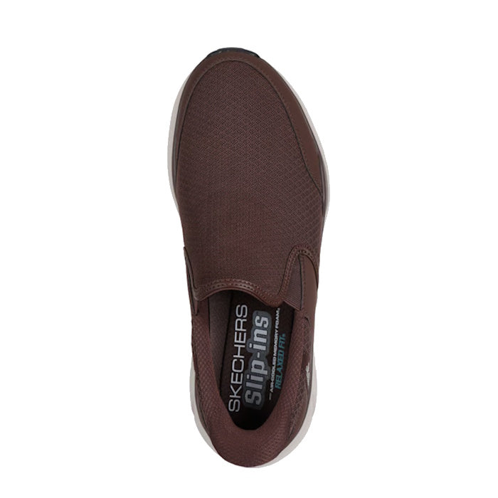 Top view of the Skechers Mens Slip Ins Relaxed Fit Equalizer 6.0 Stoaver Brown slip-on shoe, featuring a brown mesh upper, white sole, and visible Slip-ins and Air-Cooled Memory Foam insole labels.