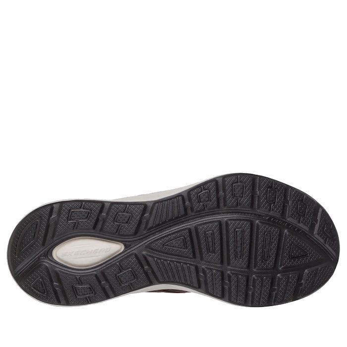 The image displays the black rubber outsole of the Skechers Mens Slip Ins Relaxed Fit Equalizer 6.0 Stoaver Brown, with a textured tread and an embossed Skechers logo near the heel., 52380, 52381, 199025177290, 52383, 199025177313, 52385, 199025177337
