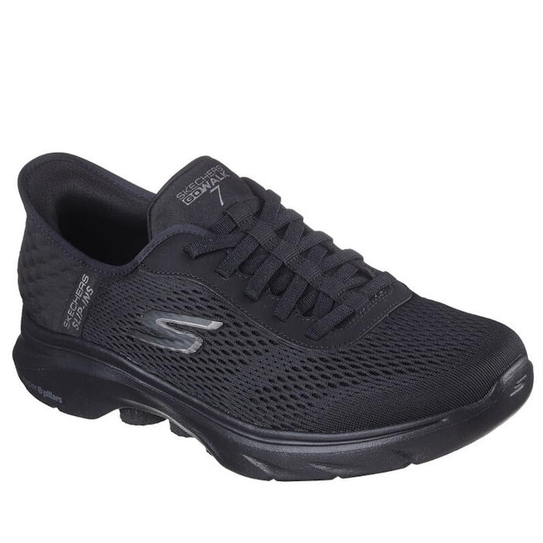 Skechers Men's Go Walk 7 Slip-Ins Free Hand 2 Black Trainer with easy slip-on style, mesh upper, soft memory foam sole, and logo details.  ksnz