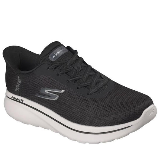 The Skechers Mens Slip In Go Walk Arch Fit Lace Up N-Joy Lenny Black White features a black mesh upper, lace closure, metallic logo, and a thick white sole with Arch Fit tech for comfort—ideal for all Go Walk fans.