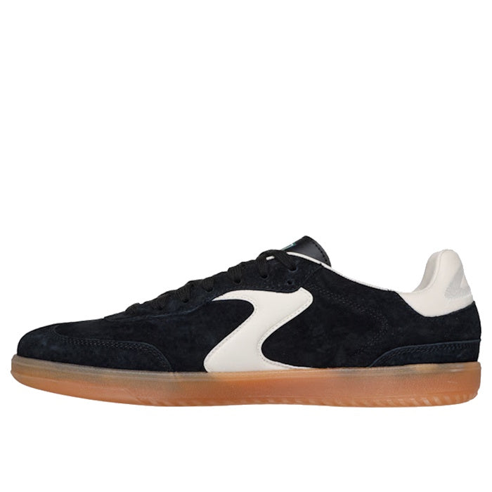 The Skechers Mens Hot Shot Azir Black Netural Lace Up Sneaker, shown from the left side, features black suede, a white wave logo and heel, translucent gum sole, signature Hotshot design, and Air-Cooled Memory Foam for comfort.