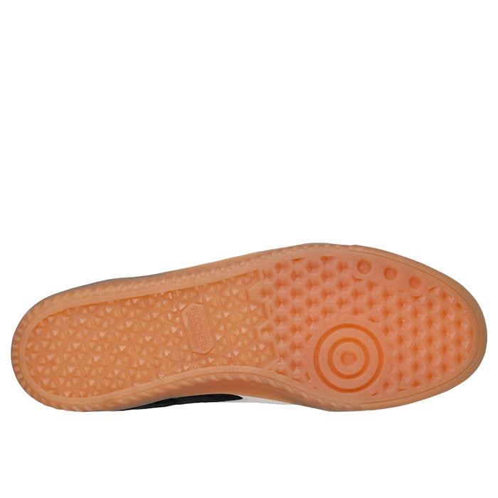 The image shows the bottom view of the Skechers Mens Hot Shot Azir Black Neutral Lace Up Sneaker, featuring a light brown translucent rubber sole with a textured pattern of small triangles and circles for grip.