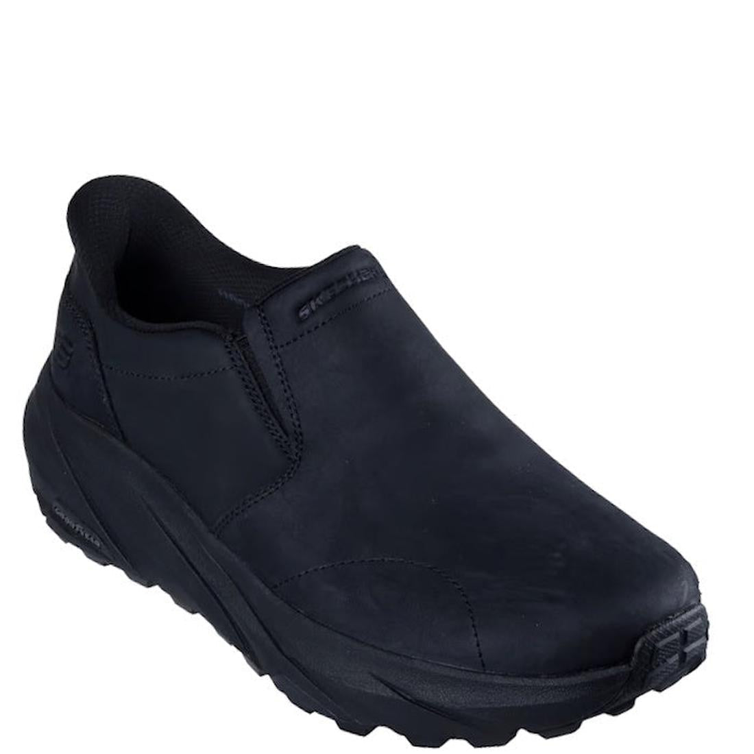 The Skechers Slip-ins Relaxed Fit: Conner - Rayne Mocc Sneaker Black features a thick textured sole, subtle stitching, and a memory foam insole for comfort and casual style.