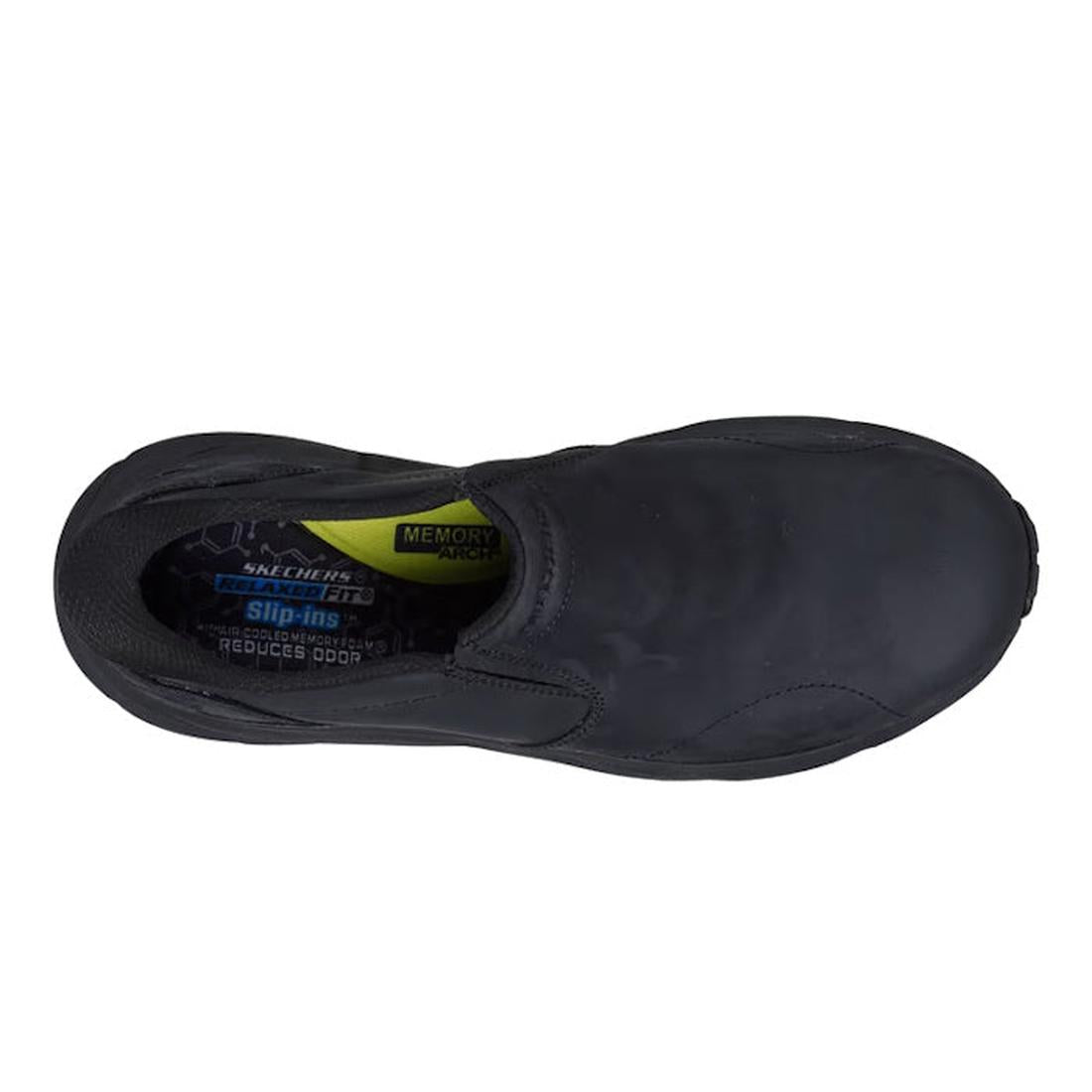Top view of the Skechers Slip-ins Relaxed Fit: Conner - Rayne Mocc Sneaker Black, a men's slip-on with memory foam insole and Hands Free Slip-ins design, featuring “Slip-ins” branding on the inside heel., 52119, 52120, 198739677461, 198739677485, 19873967
