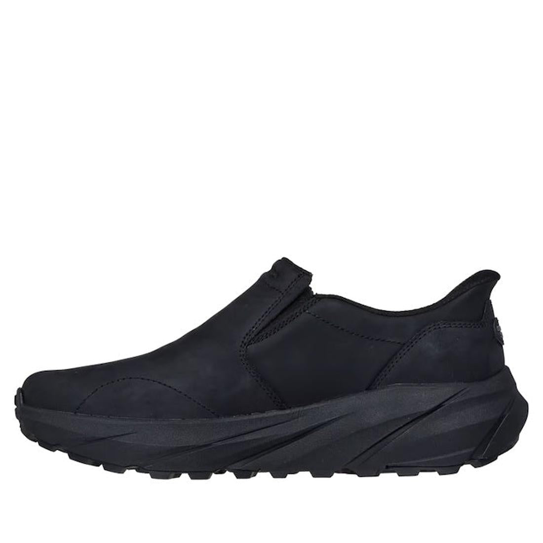A Skechers Slip-ins Relaxed Fit: Conner - Rayne Mocc Sneaker in black, featuring a thick textured sole, minimal stitching, and a memory foam insole, shown from the side on a white background., 52119, 52120, 198739677461, 198739677485, 198739677508