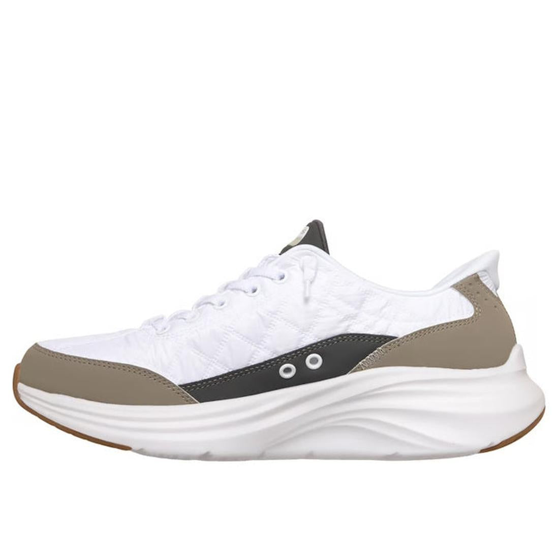 The Skechers Mens Slip In Contour Foam Cozy Fit in White Taupe features a thick wavy white sole, grey accents on the heel and toe, a black side stripe with two small white eyelets, and Hands Free Slip-ins design for easy wear., 48963, 48964, 197976822160,