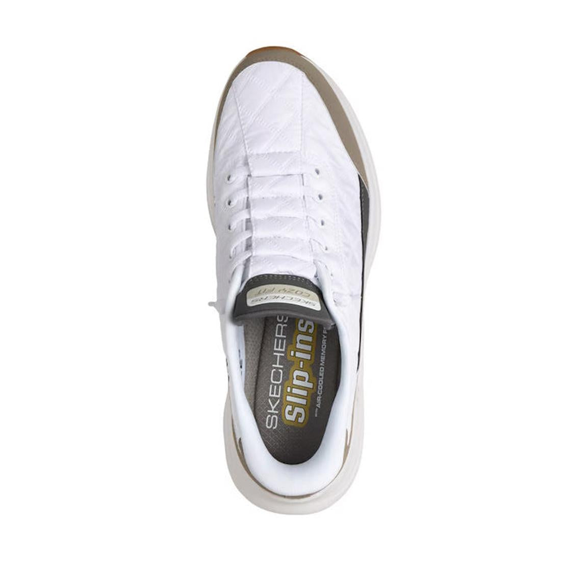 Top view of a Skechers Mens Slip In Contour Foam Cozy Fit sneaker in white taupe, featuring quilted texture, no tie fit laces, beige accents, and logo on the Air-Cooled Memory Foam insole against a plain white background., 48963, 48964, 197976822160, 1979