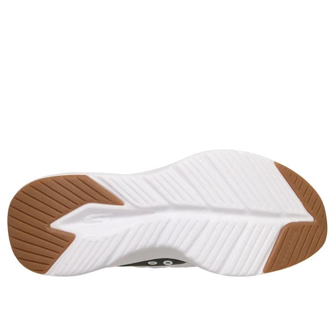The image shows the bottom view of Skechers Mens Slip In Contour Foam Cozy Fit White Taupe, featuring a white middle sole, textured grip patterns, and light brown rubber patches at the toe and heel for enhanced comfort., 48963, 48964, 197976822160, 197976