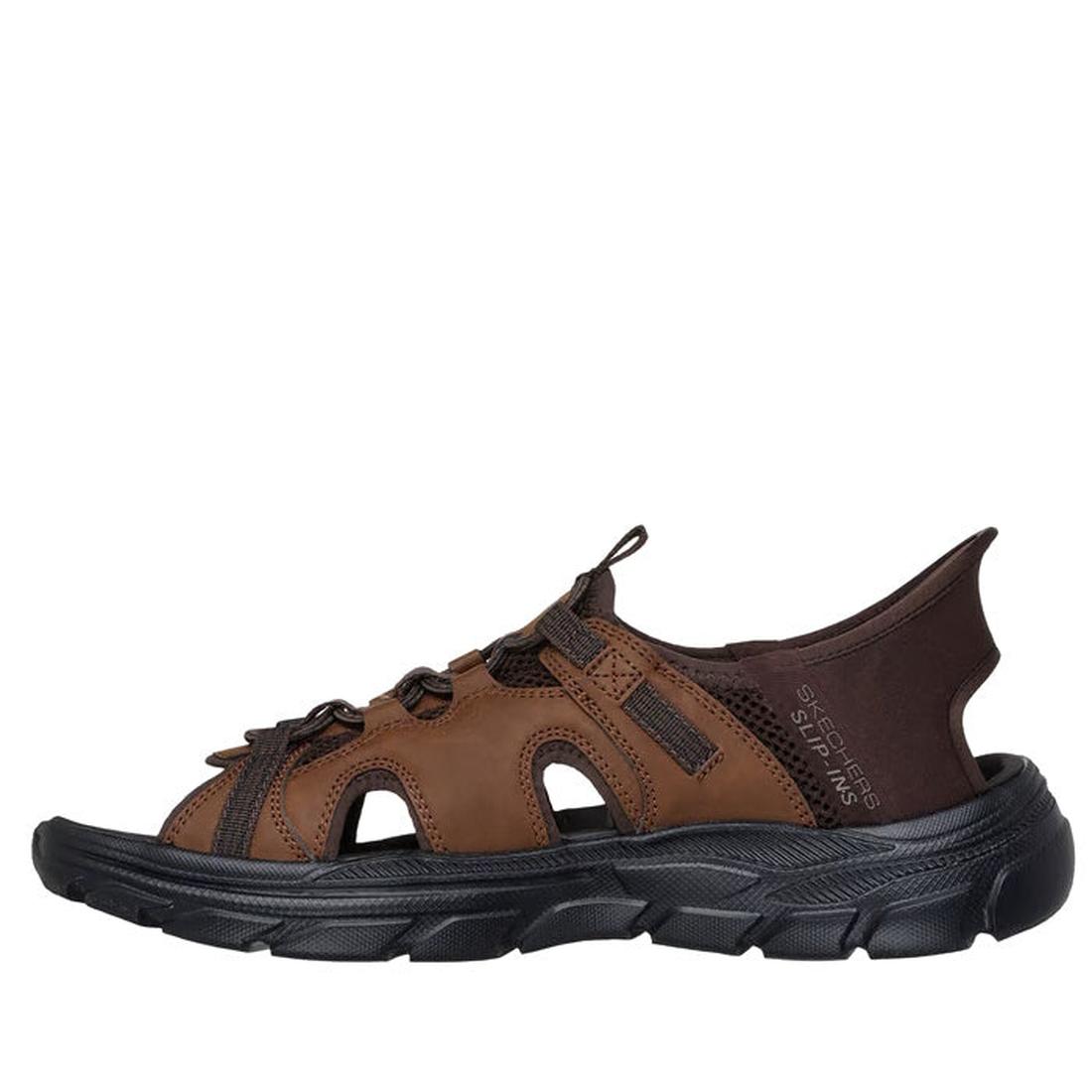 The Skechers Mens Revolted SS Merrick Slip In Sandals in Dark Brown feature cut-out sides, a closed heel, adjustable straps, and a comfort footbed with a thick textured sole—perfect for outdoors and inspired by Skechers Hands Free Slip-ins., 47447, 47448,