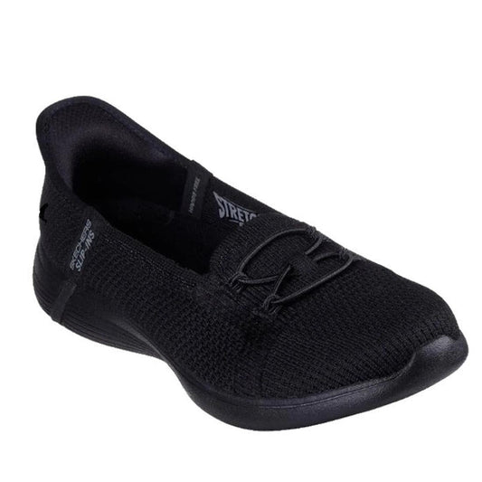 The Skechers Slip Ins On The Go Swift Elm Black is a black slip-on athletic shoe with a textured knit upper, elastic laces, a slightly raised sole, Hands Free Slip-ins design, Air-Cooled Memory Foam comfort, and branded side and tongue.