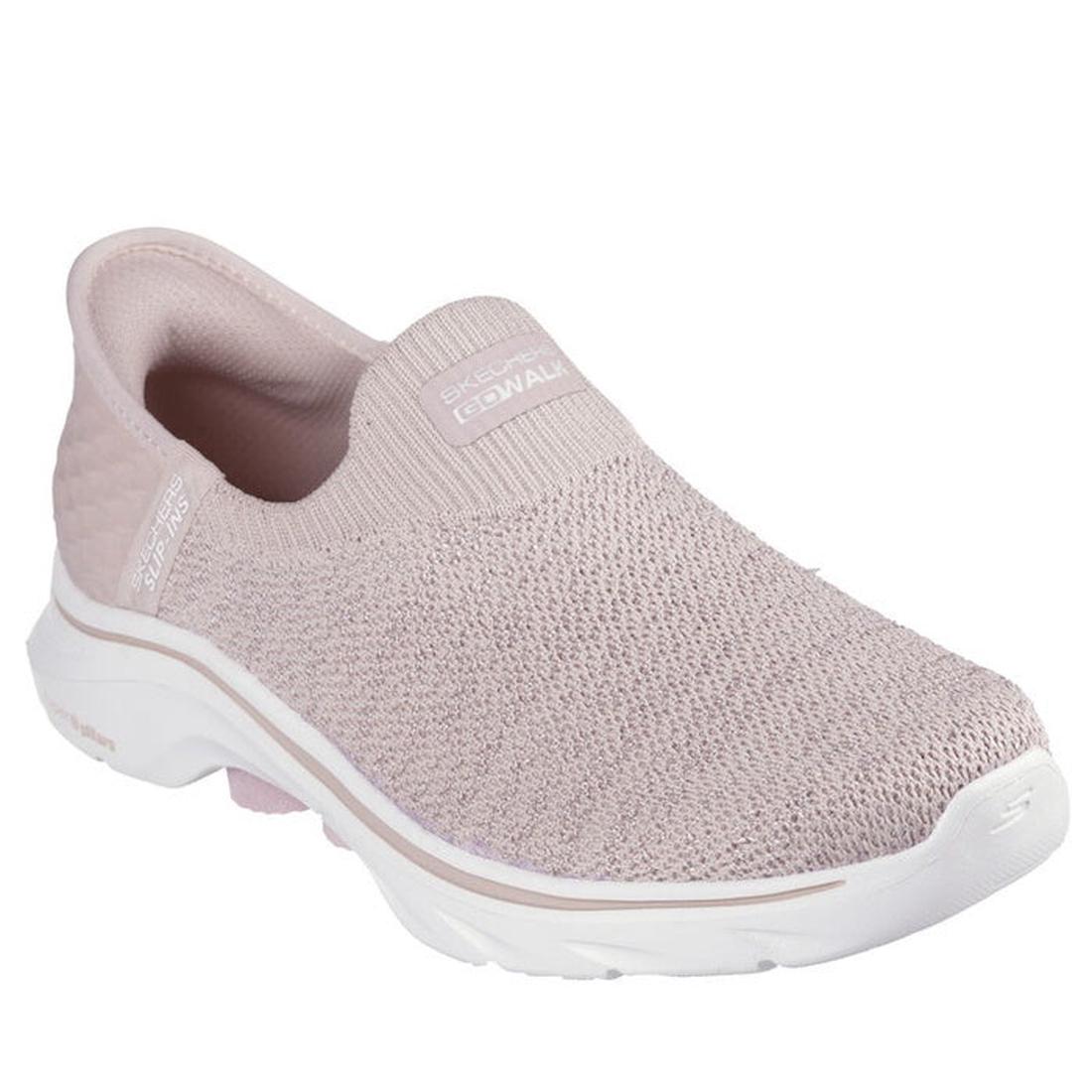 The Skechers Womens Slip In Go Walk 7 Springtime Light Pink features a knitted mesh upper, white cushioned sole, subtle branding, and Air-Cooled Memory Foam for comfort. This sporty slip-on is perfect for everyday wear.