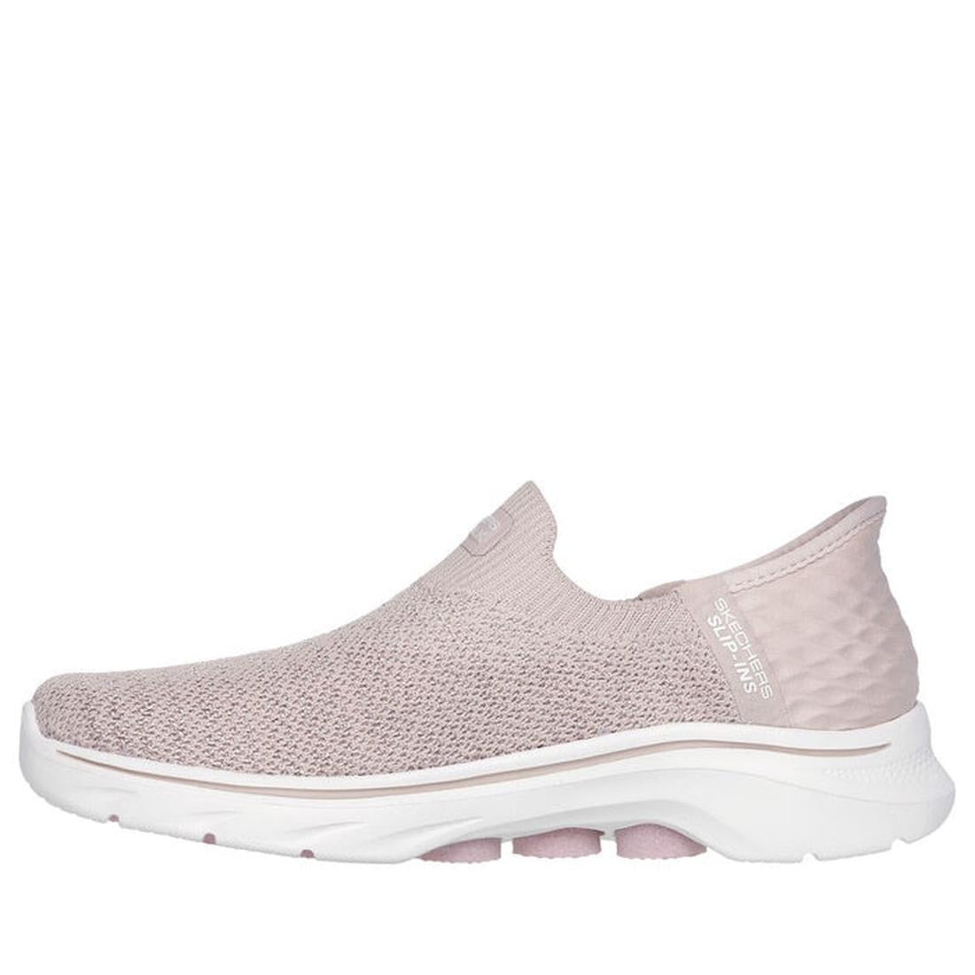 The Skechers Womens Slip In Go Walk 7 Springtime Light Pink is a hands-free athletic shoe with a knit upper, cushioned sole, slight heel, textured back, Air-Cooled Memory Foam comfort, and "Skechers GO WALK 7" branding near the heel., 43308, 43309, 197627
