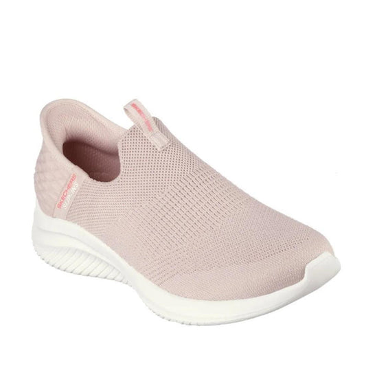 Skechers Ultra Flex 3.0 Slip In Cozy Streak Rose—light pink slip-on sneaker with mesh upper, comfy white sole, and soft memory foam.  ksnz
