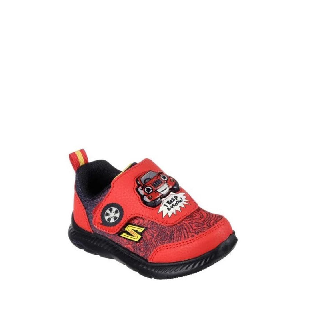 Skechers Toddlers Boys Comfy Flex 2.0 Sound Buddies Red Black Car sneaker with black sole, car graphics, pull-tab, and easy closure.  ksnz