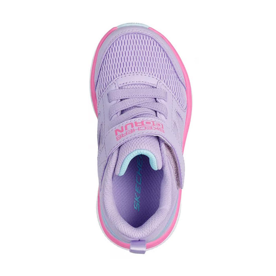 A top view of the Skechers Toddlers Go Run Elevate 2.0 Where's My Skechers Lavender Trainer shows light purple mesh, pink and aqua accents, laces, a hook-and-loop strap, Air-Cooled Goga Mat insole, and visible branding on tongue and side., 49240, 19873963