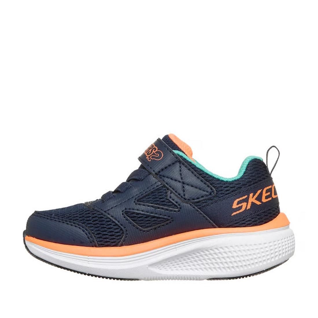 The Skechers Toddlers Go Run Elevate 2.0 Where's My Skechers Navy Trainer features orange accents, teal lining, a white textured sole, Velcro strap, mesh panels for breathability, side logo, and a hidden locator tag compartment., 49256, 198739630312, 1987