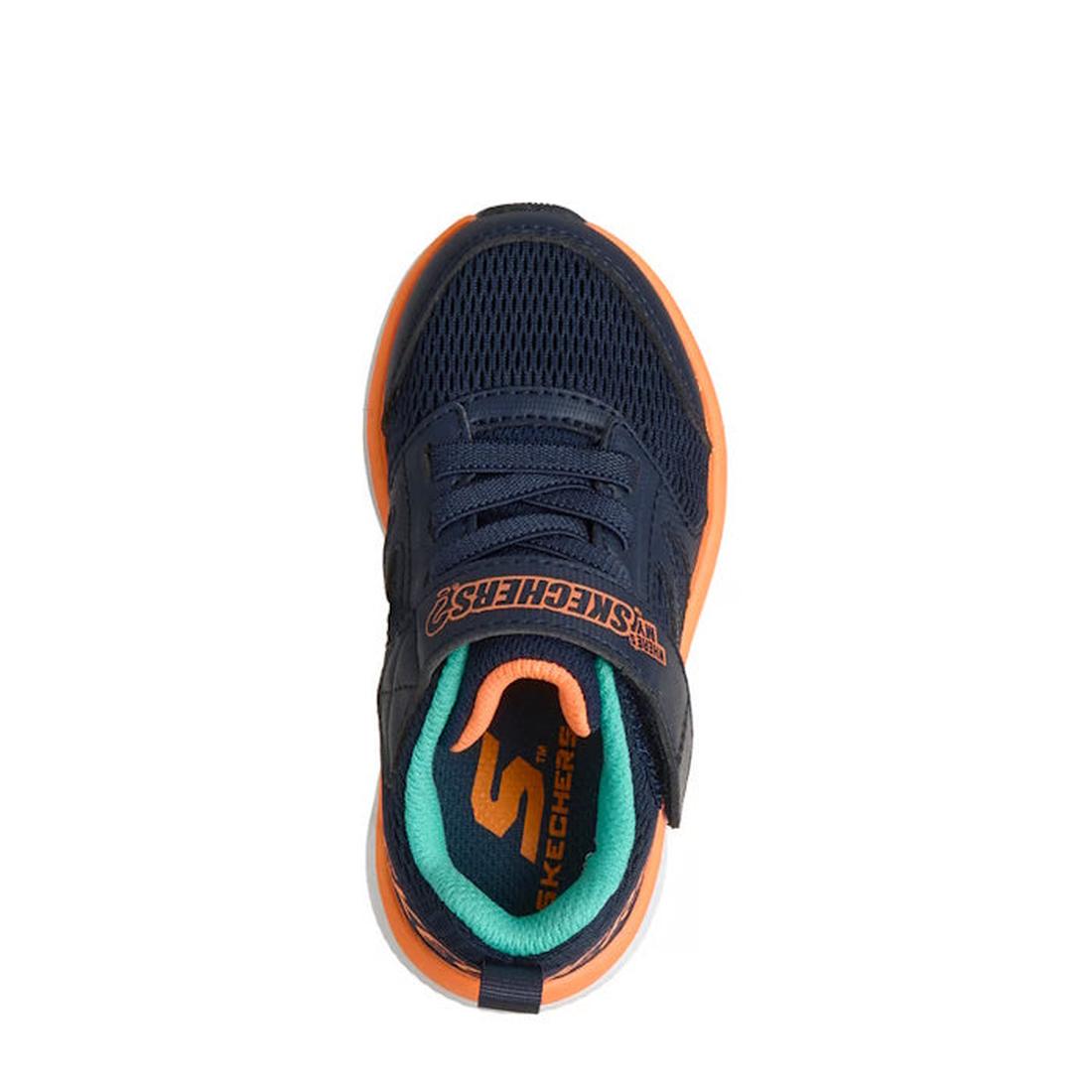 Top view of Skechers Toddlers Go Run Elevate 2.0 Where's My Skechers Navy Trainer with orange accents, teal inner lining, orange Skechers logo on Velcro strap, and a hidden locator tag compartment for added peace of mind., 49256, 198739630312, 19873963032