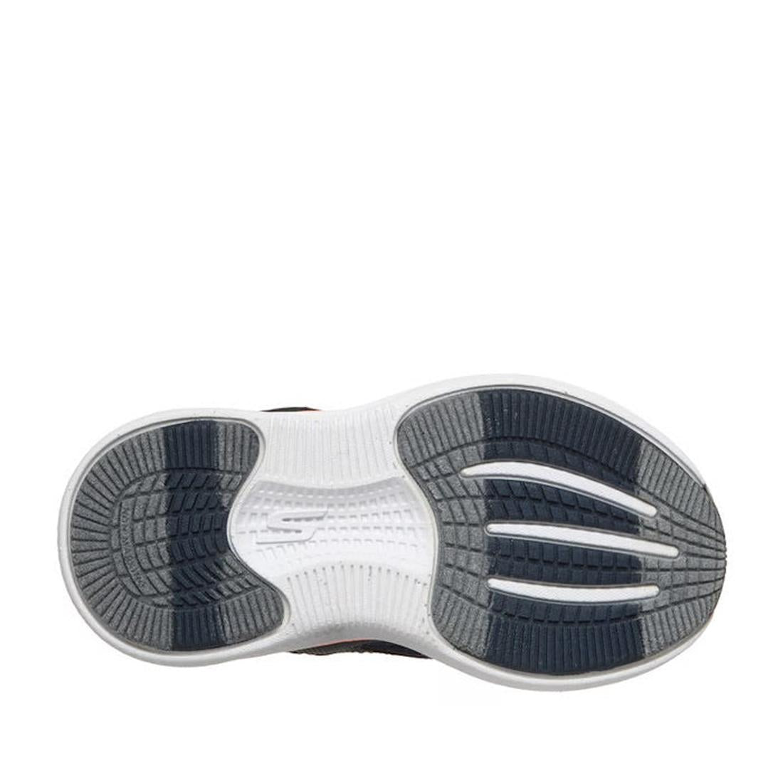The image shows the sole of a Skechers Toddlers Go Run Elevate 2.0 Where's My Skechers Navy Trainer, featuring a white base with gray rubber grip sections and grooves for traction and flexibility., 49256, 198739630312, 198739630329, 198739630336