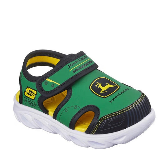 The Skechers Toddlers Hypno Splash Green John Deere Sandal features a green and yellow design with black accents, hook-and-loop strap, cut-out sides, thick white sole, and fun light-up sport sandal details.