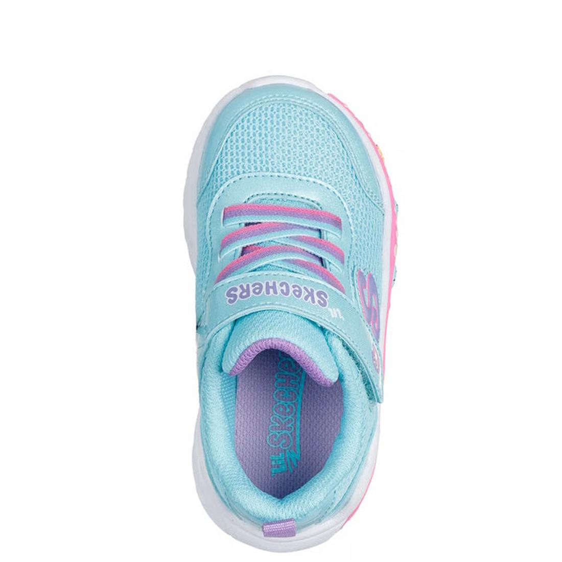 Top view of the Skechers Kids Toddlers Play Scene Fun Squad sneaker in turquoise multi, featuring pink accents, a lavender "Skechers" strap logo, white sole, elastic laces, adaptive closure, and cushioned insole for comfort., 45357, 198376228576, 19837622