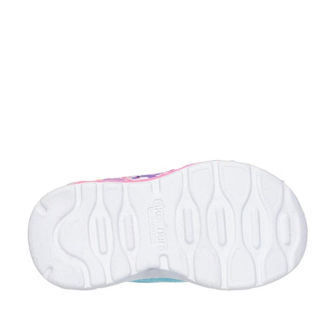 The image shows the bottom view of the Skechers Kids Toddlers Play Scene Fun Squad Turquoise Multi sneaker sole with curved grooves, embossed Skechers branding in the center, colorful accents near the edges, and a cushioned insole for comfort., 45357, 198