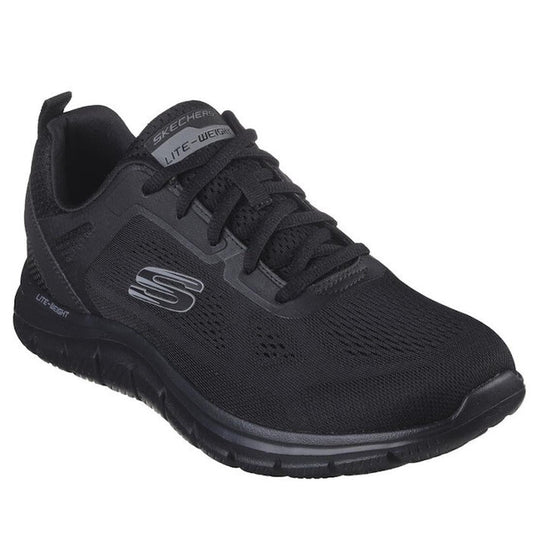 Skechers Mens Track Broader Lace Up Trainer in black, with comfy mesh upper, soft Memory Foam, secure laces, and lightweight sole.  ksnz