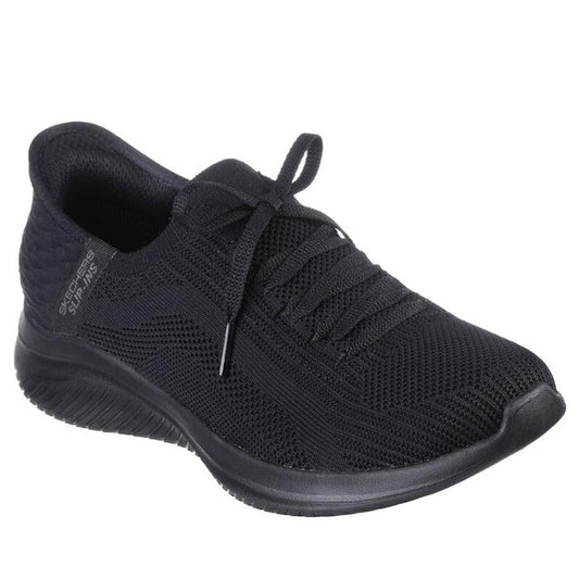 Skechers Ultra Flex 3.0 Brilliant Path SLIP INS Black—easy-on slip-in sneakers with comfy Air-Cooled Memory Foam and sturdy sole.  ksnz