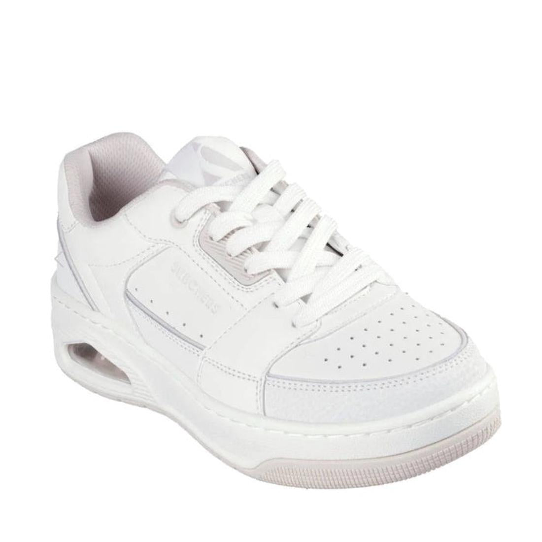 The Skechers Uno Court Courted Style White is a white court sneaker with white laces, perforated toe box, visible air cushion in the sole, and Air-Cooled Memory Foam for comfort, shown from the front right angle.