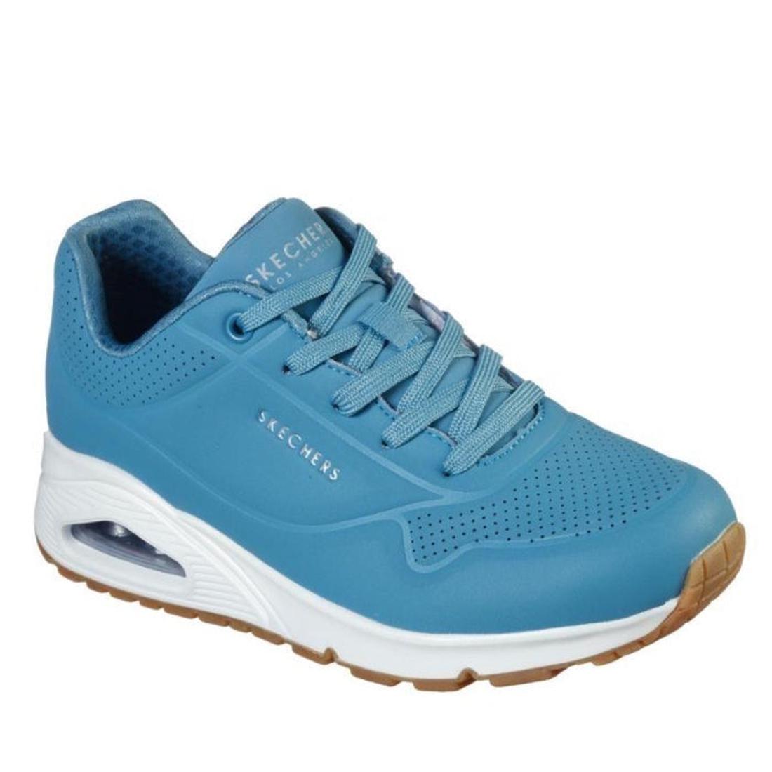 Skechers Uno Stand On Air Women’s Trainer in Slate—blue sneakers with perforations, lace-up closure, cushy sole, and comfy memory foam.  ksnz