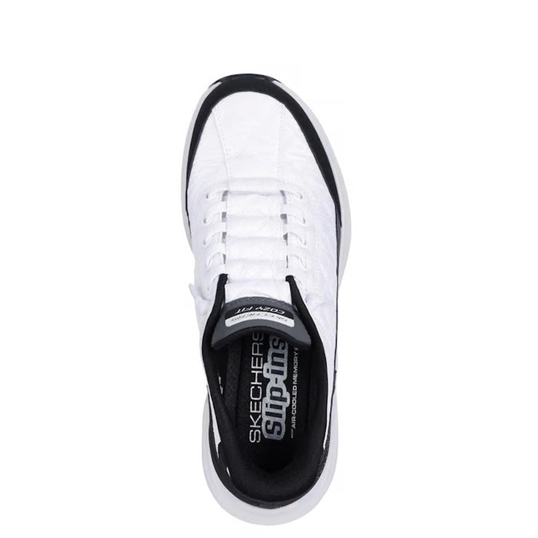 Top view of Skechers Womens Slip In Contour Foam Cozy Fit Trainers in white/black, featuring elastic laces, padded tongue, branded insole, and contour foam cushioning for comfort., 197976962033, 197976962057, 197976962064, 197976962071, 197976962088, 1979