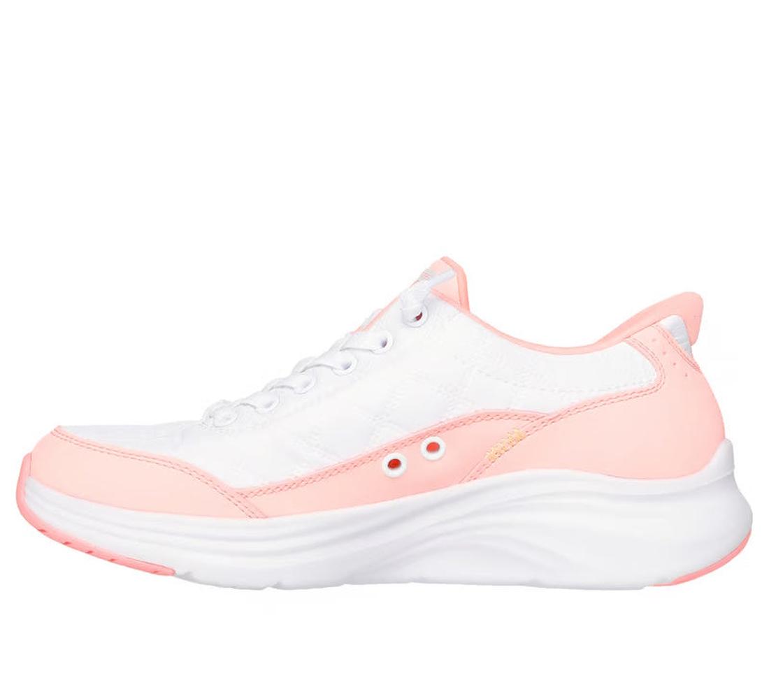 Right foot inside foot view of a Skechers Vapor Foam Cozy fit White and pink sneaker on a white background.,
198376153199,
198376153212,
198376153236,, 45376, 198376153199, 45378, 198376153212, 45380, 198376153236, 45382, 45383