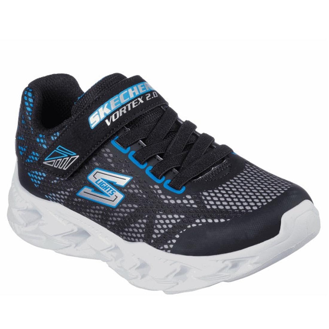 Skechers Vortex 2.0 Black Blue Boys Light Up Trainer: breathable mesh sneakers with blue details, secure strap, and bright white sole.  ksnz