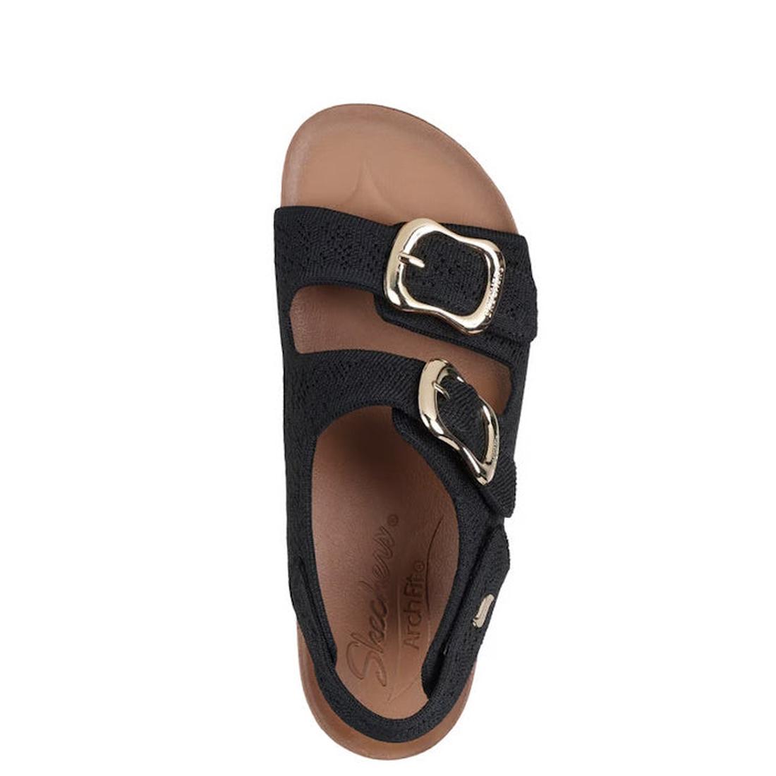 Top view of the Skechers Womens Arch Fit Granola Special Summer Black Sandal: black comfort slide with two adjustable gold buckles, brown cushioned footbed, and podiatrist-certified arch support for all-day comfort., 49055, 198376896683, 198376896690, 198