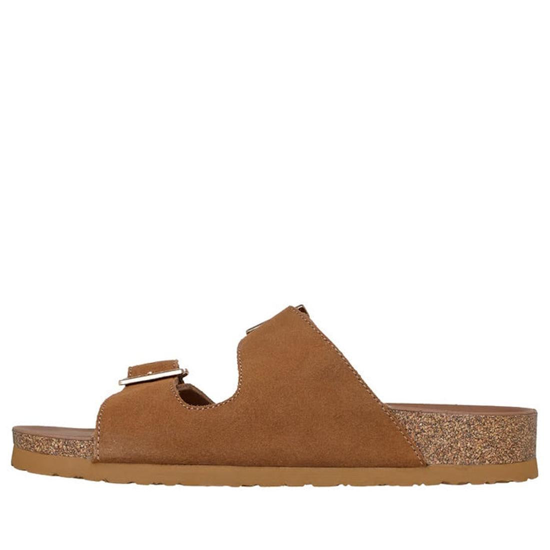 The Skechers Womens Arch Fit Granola Slide Boho Chic sandal features a chestnut suede upper, open toe, two adjustable buckle straps, cork-look midsole, and flat rubber sole—shown in side profile on a white background., 49075, 49076, 198739021967, 19873902