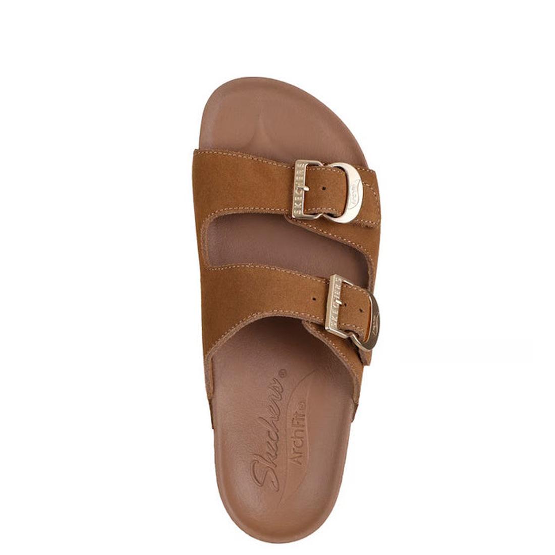 The Skechers Womens Arch Fit Granola Slide Boho Chic sandal in chestnut suede features two adjustable straps with gold buckles, a contoured footbed, and Arch Fit branding on the insole., 49075, 49076, 198739021967, 198739021974, 198739021981, 198739021998