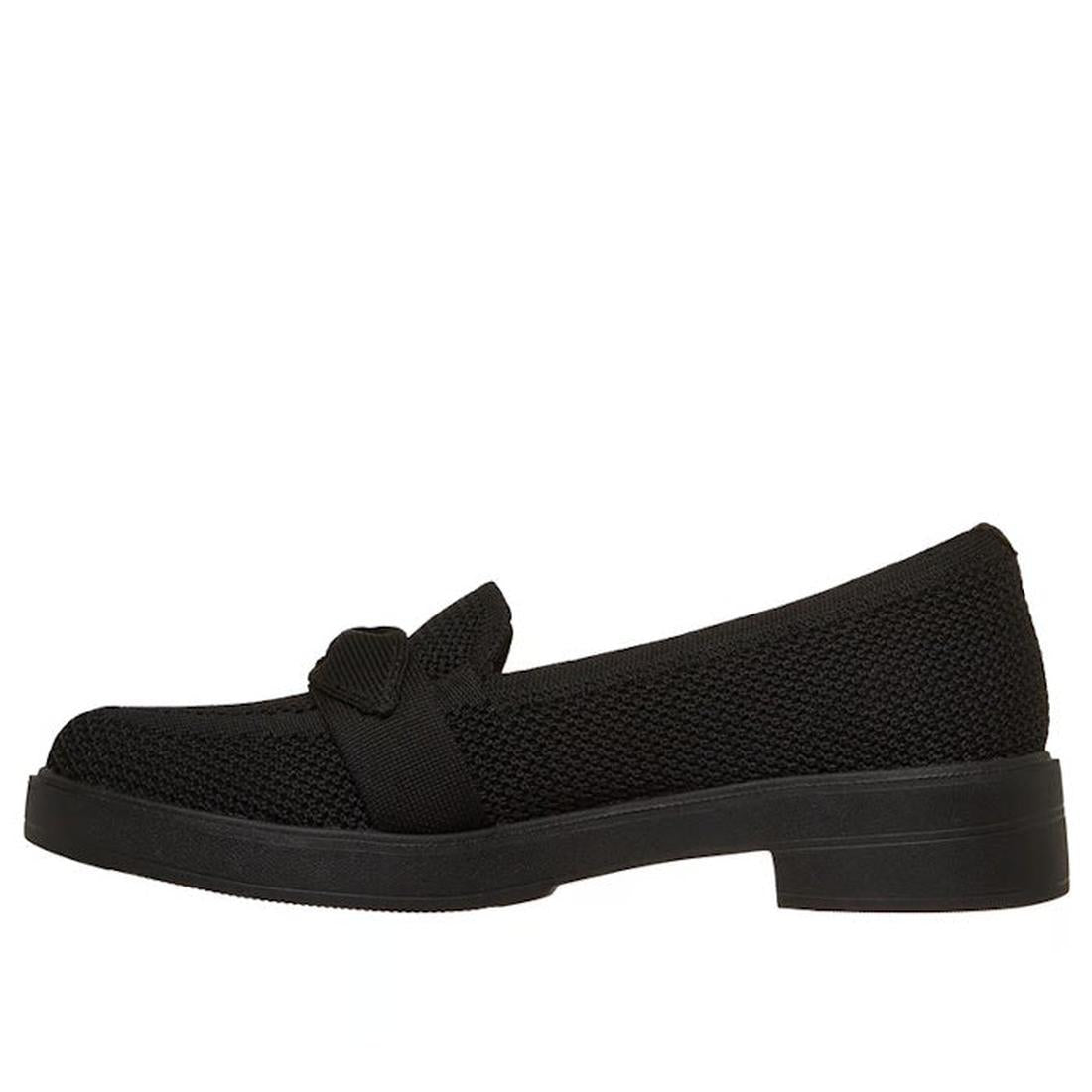The Skechers Womens Cleo Taylor Desire Black Fabric Loafer features a textured vegan upper, low heel, and decorative band across the front, shown in side profile on a white background., 50637, 197976579231, 197976579255, 197976579279, 197976579293, 50642