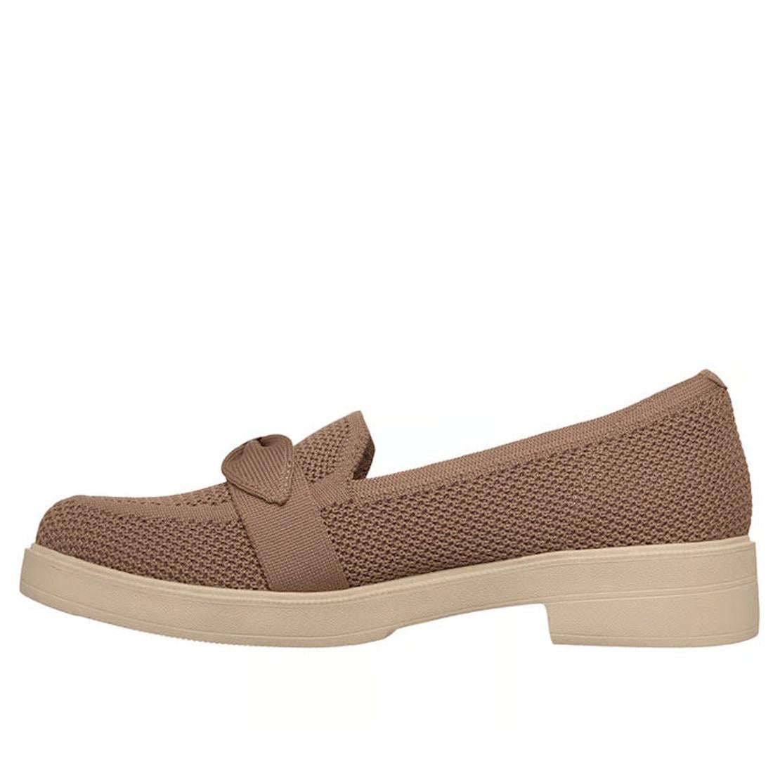 The Skechers Womens Cleo Taylor Desire Mocha Fabric Loafer features a light brown knit upper, decorative strap and bow, memory foam insole, beige rubber sole, and is displayed in side profile against a white background., 50631, 50632, 198376067236, 198376