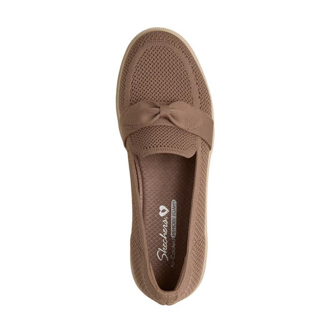 Top view of the Skechers Womens Cleo Taylor Desire Mocha Fabric Loafer, a light brown vegan shoe with mesh texture, small front bow, and Skechers label on the memory foam insole., 50631, 50632, 198376067236, 198376067250, 50635, 50636