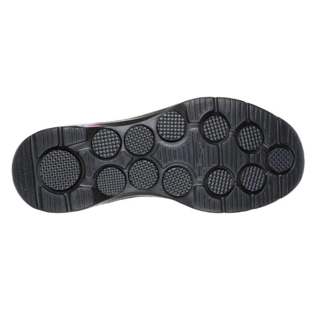 The image shows the black rubber outsole of the Skechers Go Walk 7 Black Multi Floral Women's Slip On Shoe, featuring large circular textured grips that complement its stretch fit upper and Air-Cooled Memory Foam for lasting comfort., 38360, 38361, 197976